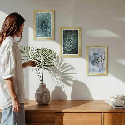 Juego de 3 cuadros decorativos con diseño de plantas suculentas en tonos verdes y turquesas