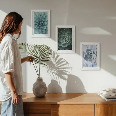 Juego de 3 cuadros decorativos con diseño de plantas suculentas en tonos verdes y turquesas