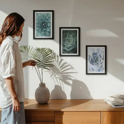 Juego de 3 cuadros decorativos con diseño de plantas suculentas en tonos verdes y turquesas
