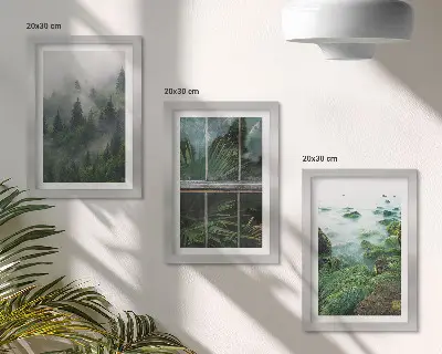 Juego de 3 cuadros decorativos un bosque con niebla, la orilla de un río y un invernadero con plantas