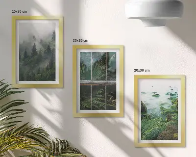 Juego de 3 cuadros decorativos un bosque con niebla, la orilla de un río y un invernadero con plantas