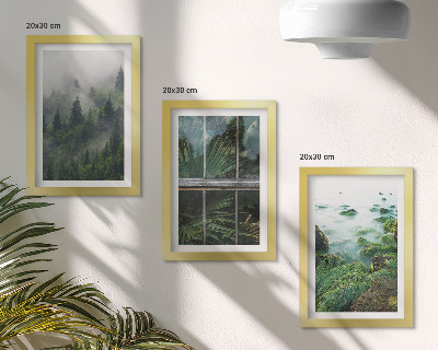 Juego de 3 cuadros decorativos Un bosque envuelto en la niebla, la orilla de un río y un invernadero con plantas.