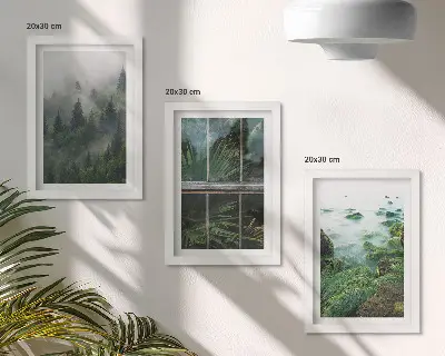 Juego de 3 cuadros decorativos un bosque con niebla, la orilla de un río y un invernadero con plantas