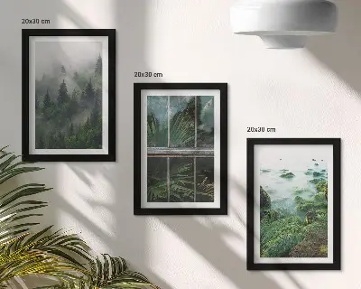 Juego de 3 cuadros decorativos un bosque con niebla, la orilla de un río y un invernadero con plantas