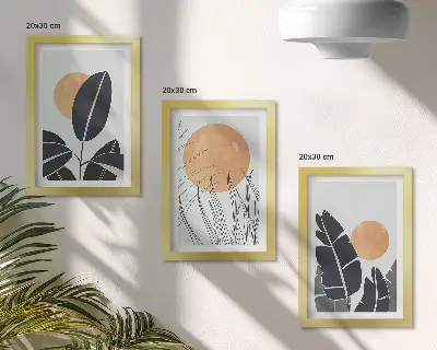 Tríptico enmarcado diseños de plantas con grandes soles de estilo minimalista