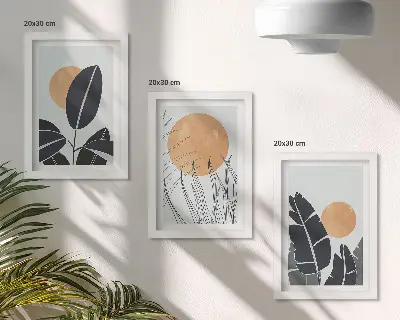 Tríptico enmarcado diseños de plantas con grandes soles de estilo minimalista