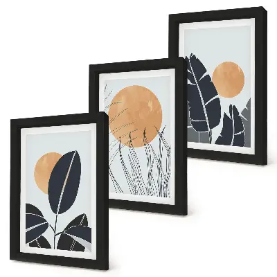 Tríptico enmarcado diseños de plantas con grandes soles de estilo minimalista