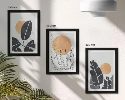 Tríptico enmarcado diseños de plantas con grandes soles de estilo minimalista