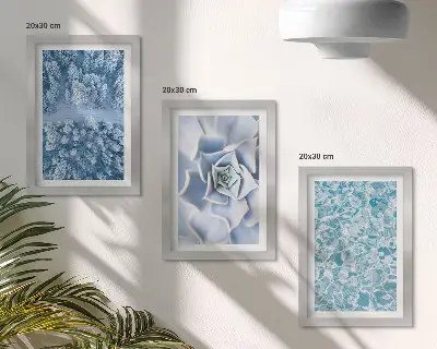 Juego de 3 cuadros decorativos con diseño de bosque invernal, flor azul y superficie de agua
