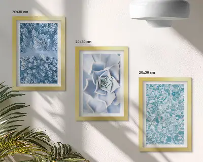 Juego de 3 cuadros decorativos con diseño de bosque invernal, flor azul y superficie de agua