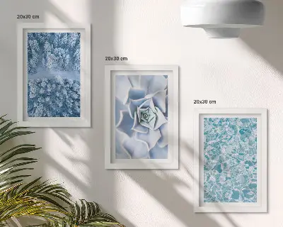 Juego de 3 cuadros decorativos con diseño de bosque invernal, flor azul y superficie de agua