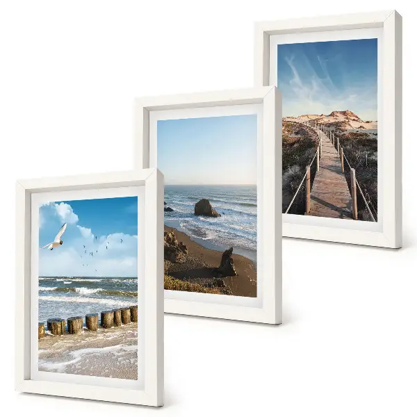 Juego de 3 cuadros decorativos con vista a la playa con olas, cielo y un muelle