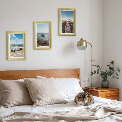 Juego de 3 cuadros decorativos con vista a la playa con olas, cielo y un muelle