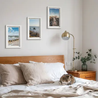 Juego de 3 cuadros decorativos con vista a la playa con olas, cielo y un muelle