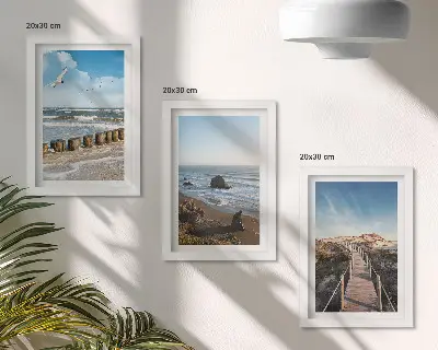 Juego de 3 cuadros decorativos con vista a la playa con olas, cielo y un muelle