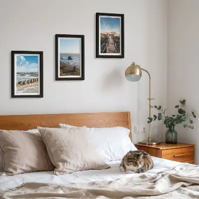 Juego de 3 cuadros decorativos con vista a la playa con olas, cielo y un muelle