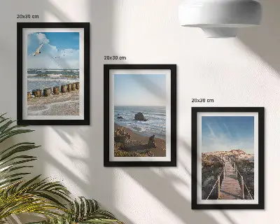 Juego de 3 cuadros decorativos con vista a la playa con olas, cielo y un muelle