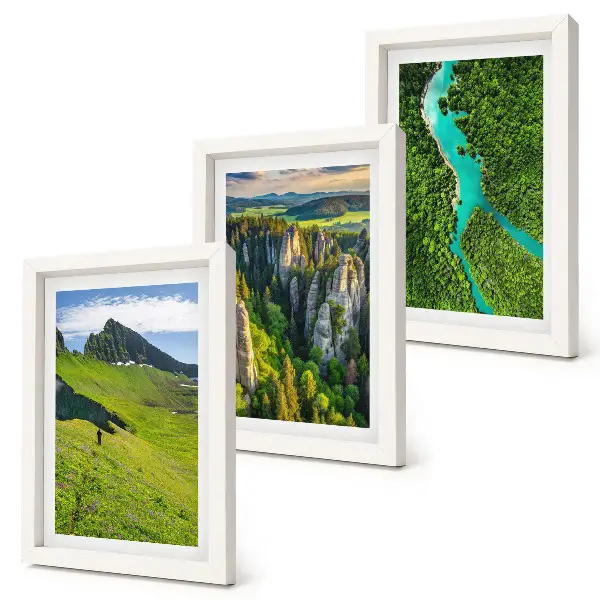 Juego de 3 cuadros decorativos con diseño de paisajes verdes de montaña, río y rocas