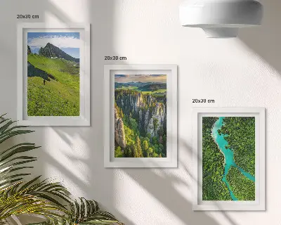Juego de 3 cuadros decorativos con diseño de paisajes verdes de montaña, río y rocas