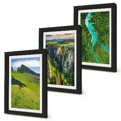 Juego de 3 cuadros decorativos con diseño de paisajes verdes de montaña, río y rocas