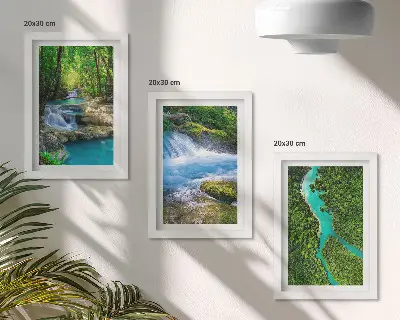 Tríptico enmarcado que muestra paisajes de bosques verdes y aguas cristalinas