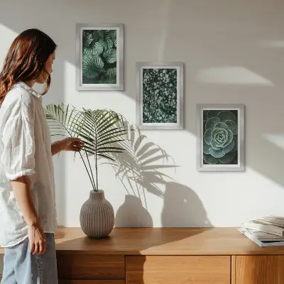 Juego de 3 cuadros decorativos con diseño de plantas de hojas verdes y suculentas