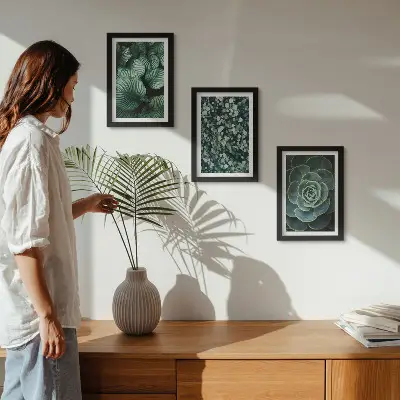 Juego de 3 cuadros decorativos con diseño de plantas de hojas verdes y suculentas