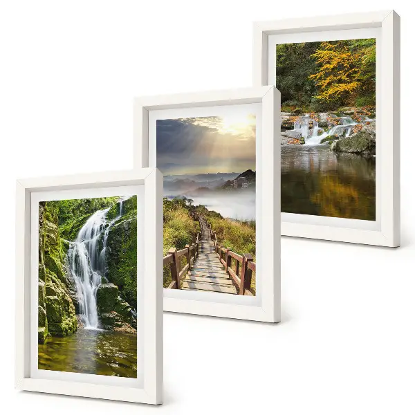 Tríptico enmarcado paisaje de cascadas, montañas, senderos entre nubes y vistas otoñales