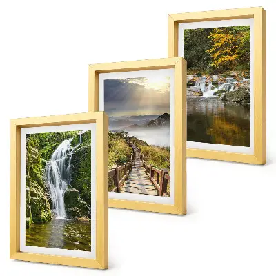 Tríptico enmarcado paisaje de cascadas, montañas, senderos entre nubes y vistas otoñales