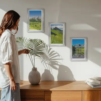 Juego de 3 cuadros decorativos con diseño de colinas verdes, castillo y paisajes montañosos