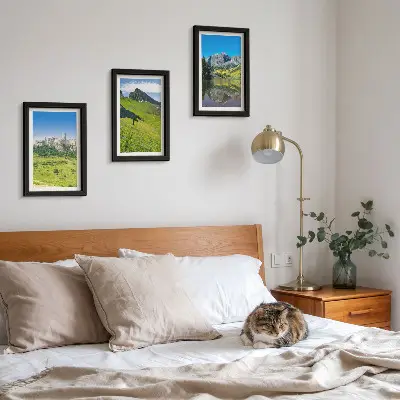 Juego de 3 cuadros decorativos con diseño de colinas verdes, castillo y paisajes montañosos