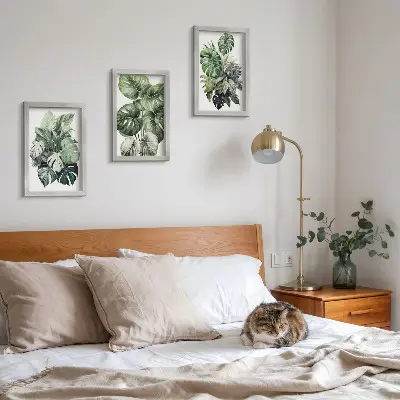 Juego de 3 cuadros decorativos con acuarelas de hojas verdes de plantas tropicales