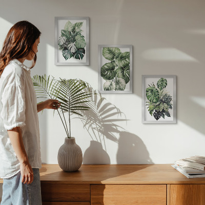 Juego de 3 cuadros decorativos Acuarelas de hojas verdes de plantas tropicales