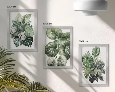 Juego de 3 cuadros decorativos con acuarelas de hojas verdes de plantas tropicales
