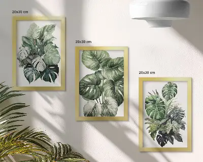 Juego de 3 cuadros decorativos con acuarelas de hojas verdes de plantas tropicales