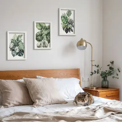 Juego de 3 cuadros decorativos con acuarelas de hojas verdes de plantas tropicales