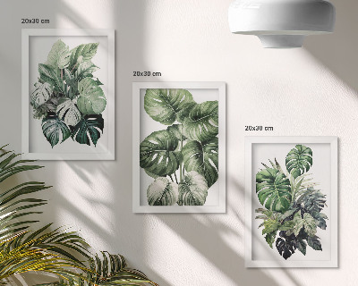 Juego de 3 cuadros decorativos Acuarelas de hojas verdes de plantas tropicales