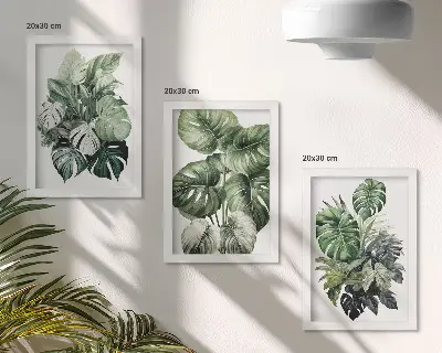 Juego de 3 cuadros decorativos con acuarelas de hojas verdes de plantas tropicales