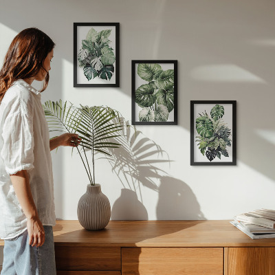 Juego de 3 cuadros decorativos Acuarelas de hojas verdes de plantas tropicales