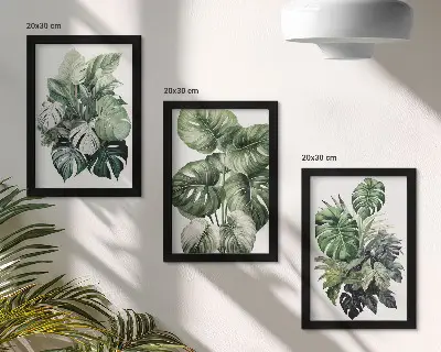 Juego de 3 cuadros decorativos con acuarelas de hojas verdes de plantas tropicales