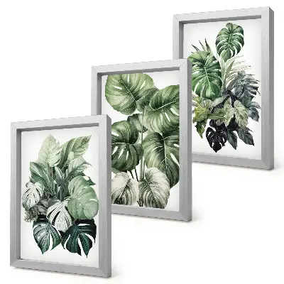 Juego de 3 cuadros decorativos con acuarelas de hojas verdes de plantas tropicales