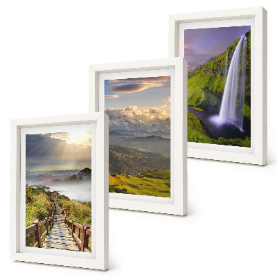 Tríptico enmarcado Paisajes montañosos pintorescos con una cascada y un sendero.