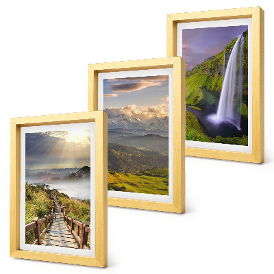 Tríptico enmarcado Paisajes montañosos pintorescos con una cascada y un sendero.
