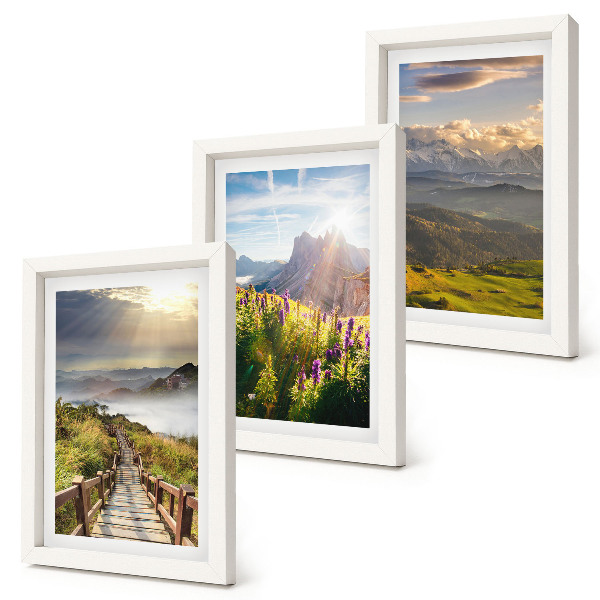 Juego de 3 cuadros decorativos Paisajes de montaña con flores, cielo y sendero.