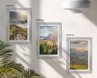Juego de 3 cuadros decorativos con paisajes de montaña, flores, cielo y sendero