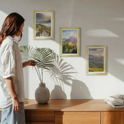 Juego de 3 cuadros decorativos con paisajes de montaña, flores, cielo y sendero