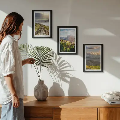 Juego de 3 cuadros decorativos con paisajes de montaña, flores, cielo y sendero