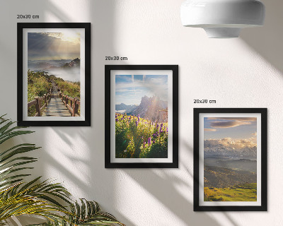 Juego de 3 cuadros decorativos Paisajes de montaña con flores, cielo y sendero.