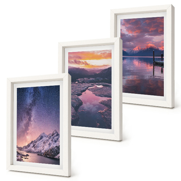 Juego de 3 cuadros decorativos Montañas y agua en hermosos paisajes naturales.