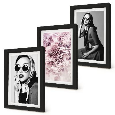 Juego de 3 cuadros decorativos Retratos elegantes de mujeres con flores rosas